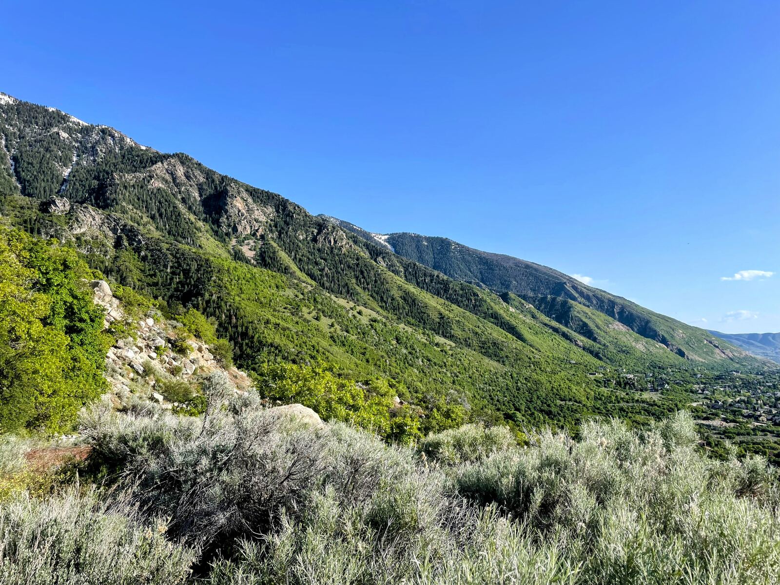 Sunlit green mountainside above a valley town