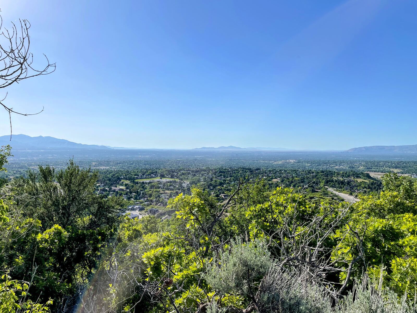 View over a green valley and distant mountains